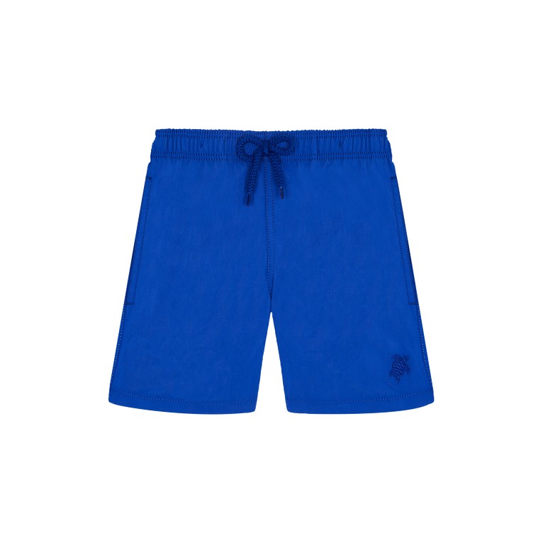 Boys' blue water-reactive swim shorts by Vilebrequin featuring an elastic waistband with a drawstring, side pockets, and a turtle logo on the hem, size 2.