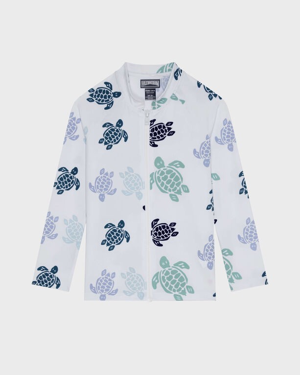 White long-sleeve rashguard featuring colorful turtle prints in shades of blue and green, with a front zipper and a relaxed fit, by Vilebrequin, size 12.