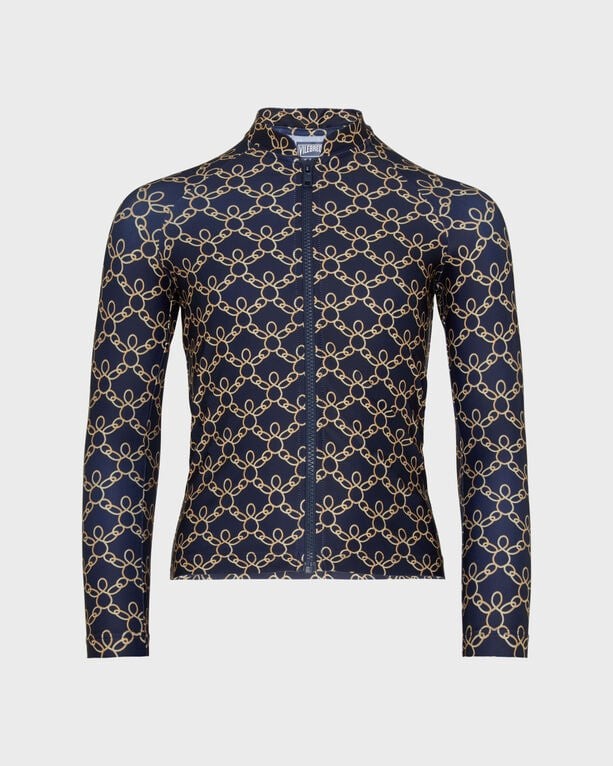 Boys' long-sleeve rashguard in blue with a turtle chain pattern, featuring a zip front and made from stretchy, quick-drying material, size 14 by Vilebrequin.