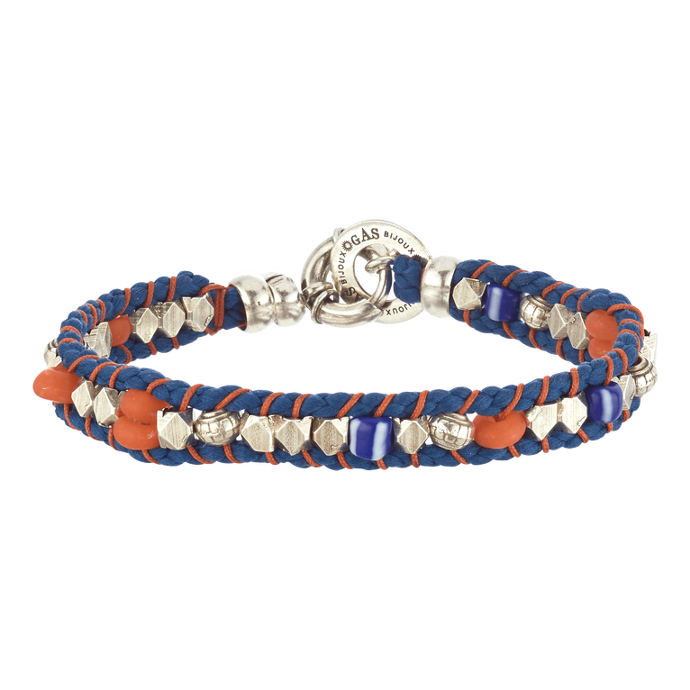 Blue braided bracelet with orange and silver accents, featuring decorative beads and a secure clasp, part of the Vilebrequin X Gas Bijoux collaboration, size 2.