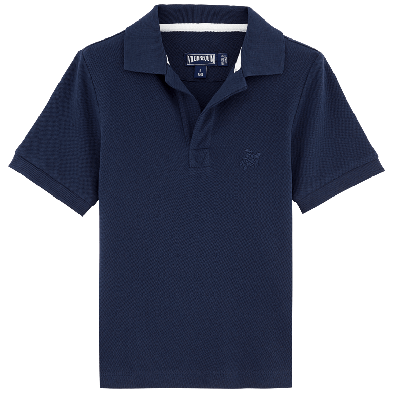 Solid blue cotton pique polo shirt for boys by Vilebrequin, featuring a classic collar, short sleeves, and a small embroidered logo on the chest, size 8.