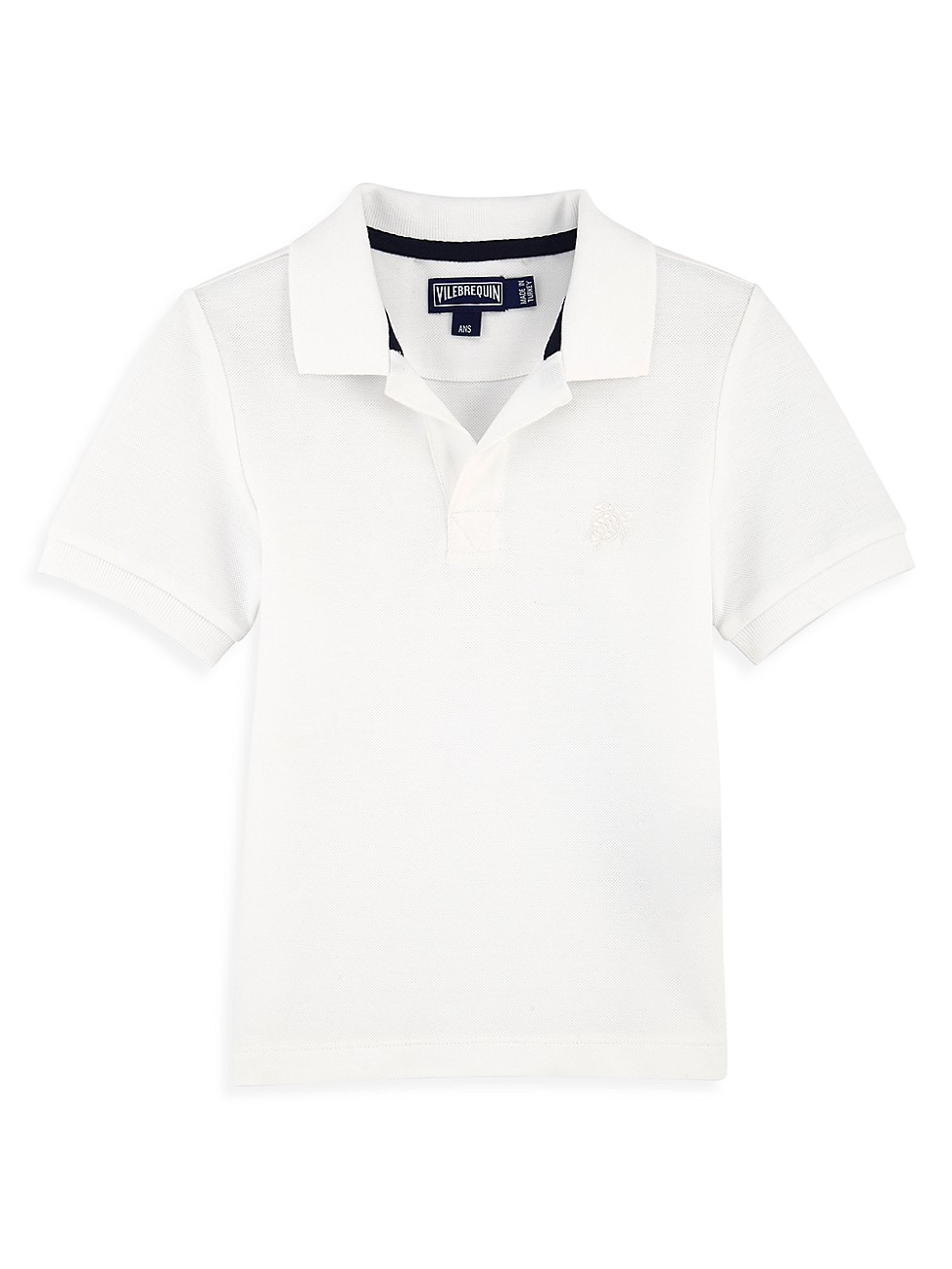 White cotton pique polo shirt for boys by Vilebrequin, featuring a classic collar, short sleeves, and a small embroidered logo on the chest, size 12.