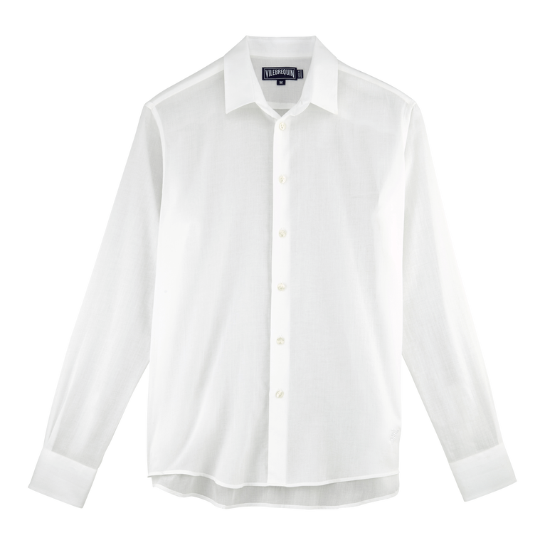 Lightweight white cotton voile shirt by Vilebrequin, featuring a classic collar, long sleeves, and button-front closure, in size XL.