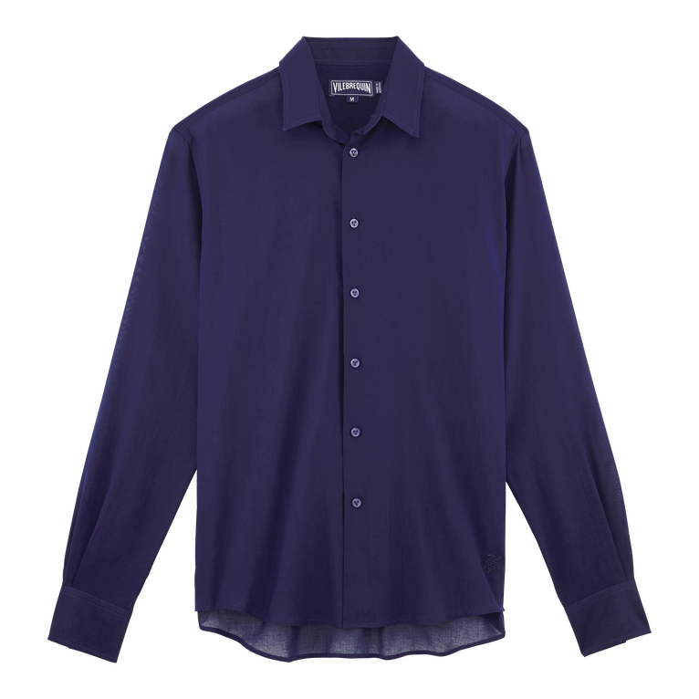 Lightweight solid blue cotton voile shirt by Vilebrequin, featuring a classic collar, long sleeves, and button-down front, available in size 4XL.