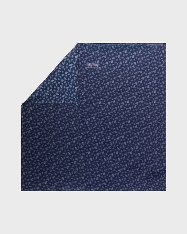 Purple cotton voile scarf featuring a micro turtle pattern, with a soft, lightweight texture and a square shape, ideal for versatile styling.