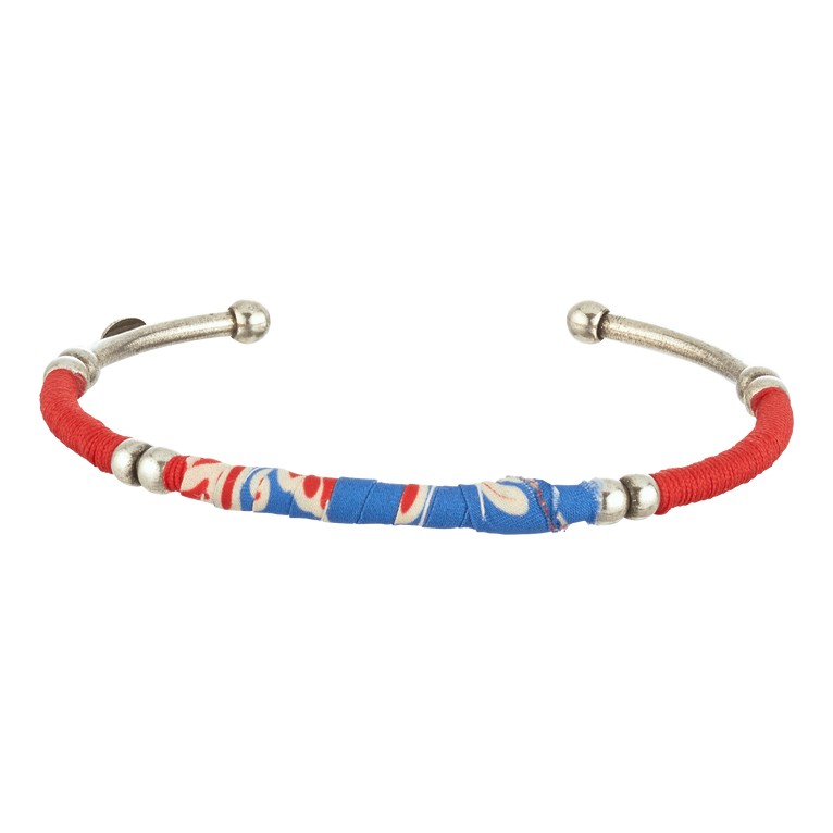 Red and blue bracelet featuring a woven fabric design with shrimp motifs, accented by silver beads and an open cuff style, labeled as Vilebrequin X Gas Bijoux.