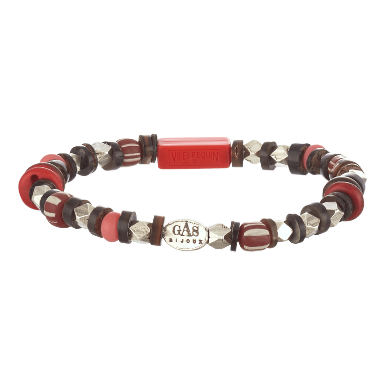 Elastic bracelet featuring red and brown beads, silver accents, and a central "Gas Bijoux" logo, designed in collaboration with Vilebrequin. Size OSFA.