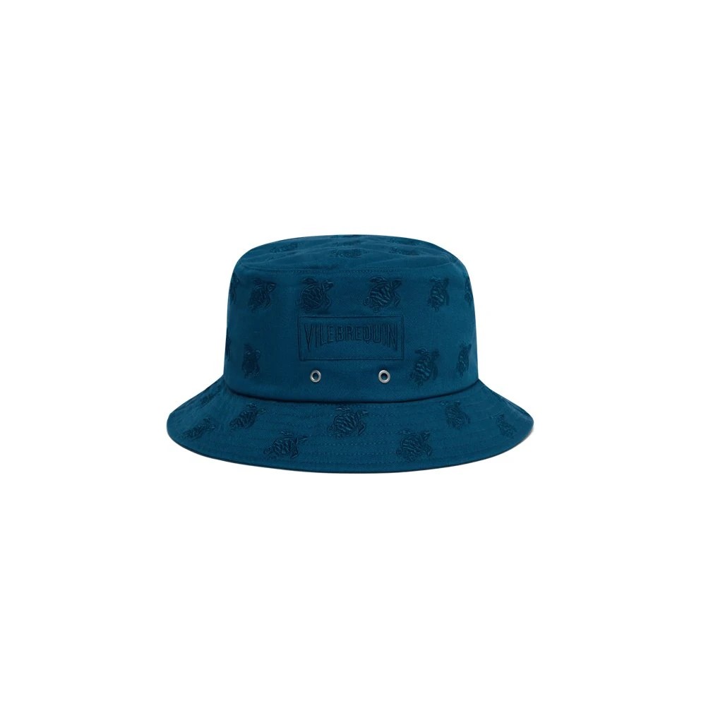 Blue embroidered bucket hat featuring turtle designs, made from soft material, with a wide brim and ventilation eyelets, sized M/L.