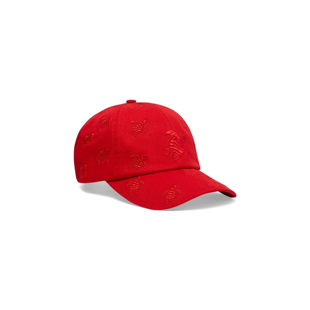 Red embroidered cap featuring a turtle design all over, made from soft material, with a curved brim and adjustable strap, labeled as OSFA by Vilebrequin.
