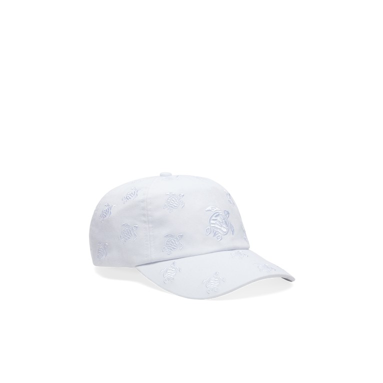 White embroidered cap featuring a turtle design all over, made from soft material, with an adjustable strap and a curved brim, labeled as size OSFA by Vilebrequin.