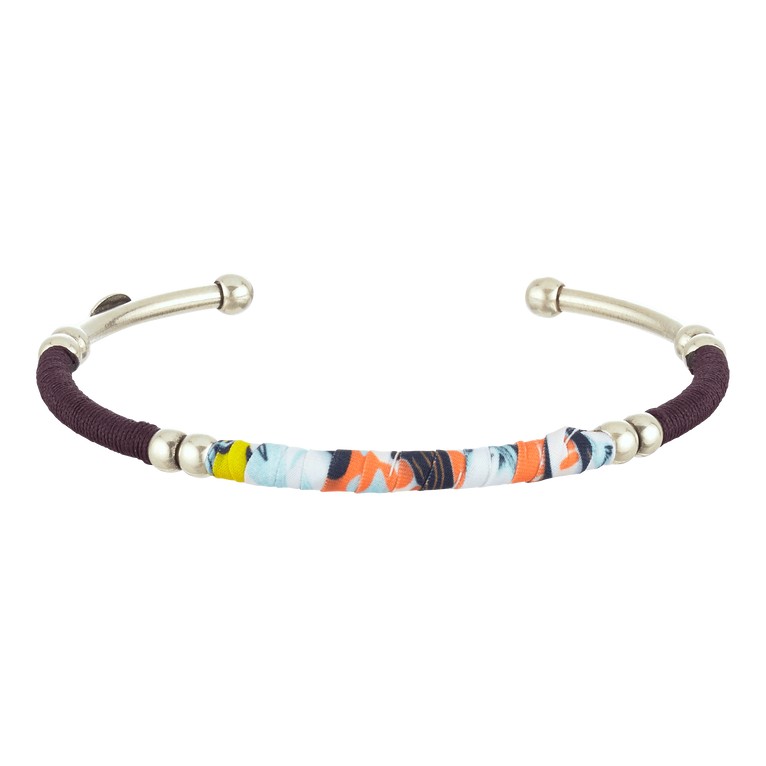Silver bracelet featuring a colorful fabric band with a fish pattern, accented by silver beads, designed by Vilebrequin in collaboration with Gas Bijoux, available in one size.