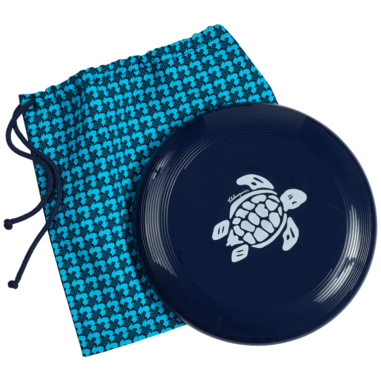 Blue flying disk with a turtle design, accompanied by a matching drawstring bag featuring a repeating turtle pattern, both made from durable materials.