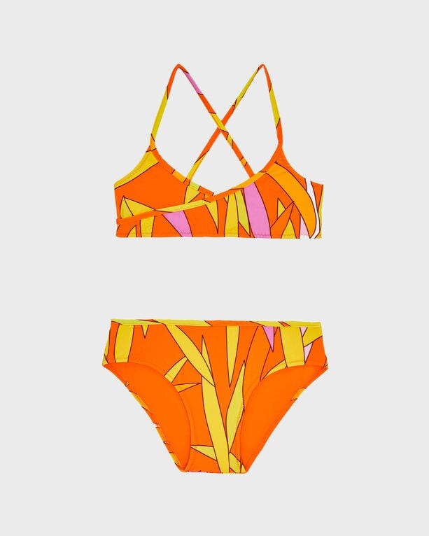 Girls' bikini set in vibrant orange with pink and yellow abstract patterns, featuring a crisscross back on the top and matching bottoms, made from swimwear material, size 6.