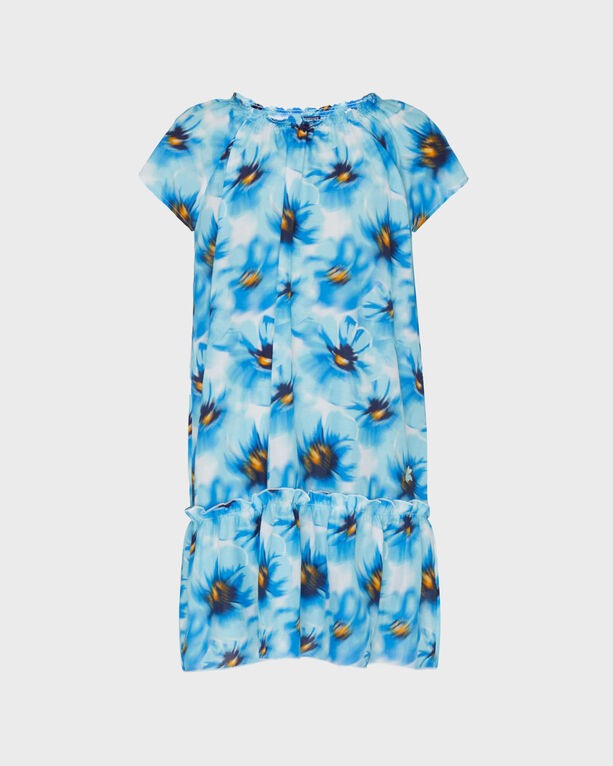 Blue cotton and silk dress featuring a vibrant poppy print, short sleeves, and a ruffled hem, designed for girls in size 2 by Vilebrequin.