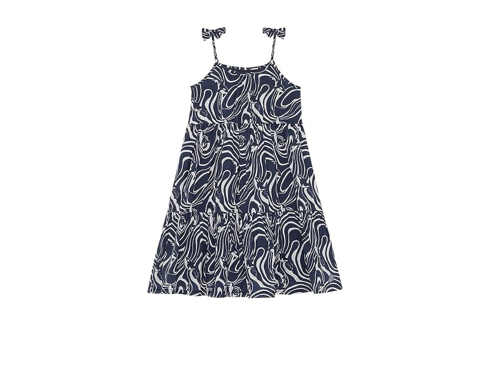 Blue cotton dress for girls by Vilebrequin featuring a wavy orca print, adjustable straps with bows, and a flowing design, available in size 4.