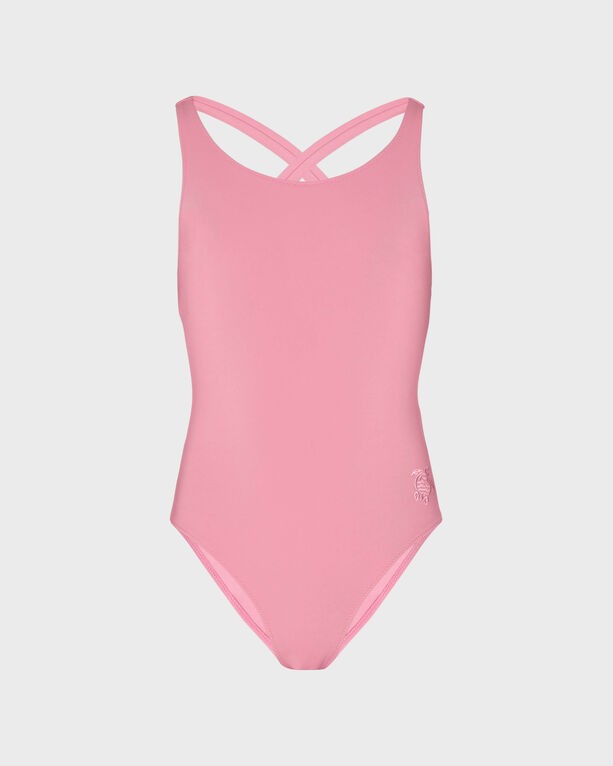 Solid pink girls' one-piece swimsuit by Vilebrequin featuring a cross-back design, made from stretchy material, with a small logo detail on the front, available in size 10.