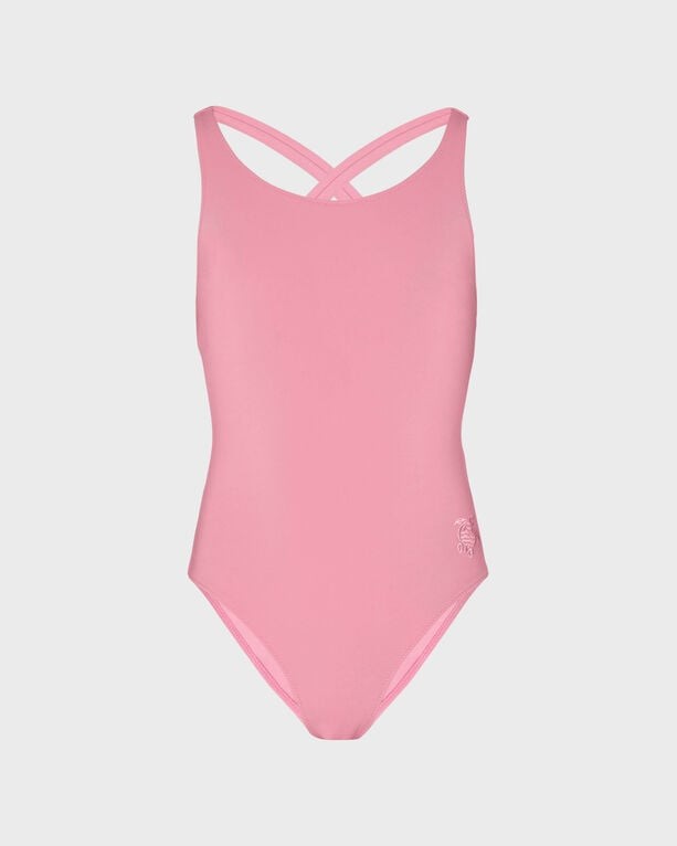 Solid pink girls' cross-back one-piece swimsuit by Vilebrequin, featuring a sleek design and a logo detail, made from soft swimwear material, size 4.