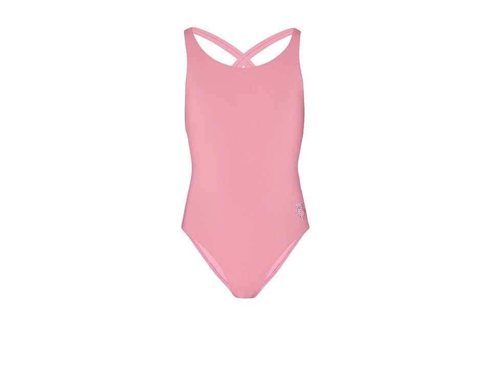 Solid pink girls' cross-back one-piece swimsuit by Vilebrequin, made from smooth material, featuring a stylish design and a logo detail on the side, available in size 8.