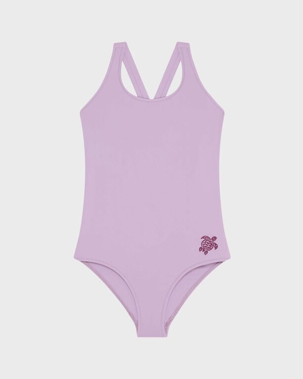 Purple girls' cross-back one-piece swimsuit by Vilebrequin, featuring a solid design and a small turtle logo on the lower side, made from lightweight swimwear material, size 12.