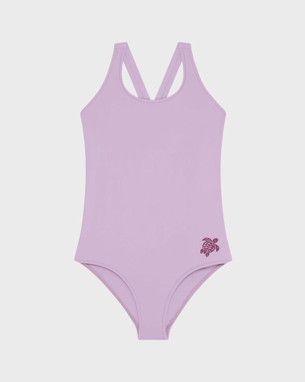 Solid purple girls' cross-back one-piece swimsuit by Vilebrequin, featuring a small turtle logo on the left hip, made from a smooth, stretchy material, size 6.