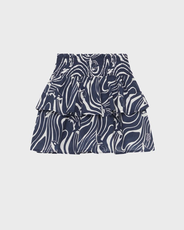 Blue girls' elastic waist skirt by Vilebrequin, featuring a wavy orca print, ruffled tiers, and a comfortable fit, size 10.