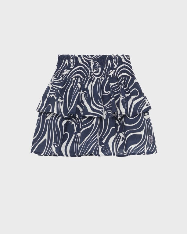 Blue elastic waist skirt featuring a wavy white pattern, tiered ruffles, and a comfortable fit, designed for girls, size 6, by Vilebrequin.