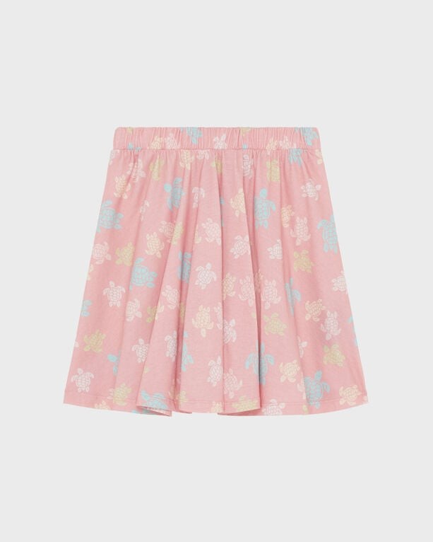 Pink elastic waist skirt featuring a playful turtle print in pastel colors, made from lightweight fabric, designed for girls, available in size 8.