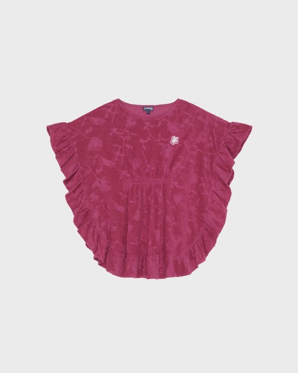 Red terry poncho with jacquard rose pattern, ruffled sleeves, and a small logo detail, designed for girls in size 6/10 by Vilebrequin.