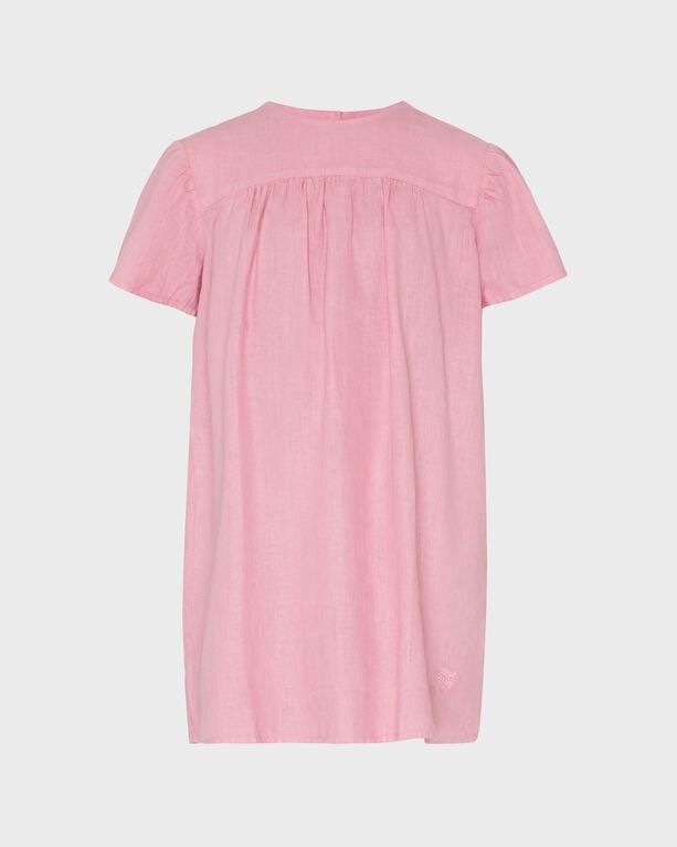 Pink linen dress for girls by Vilebrequin, featuring short sleeves, a gathered back, and a relaxed fit, available in size 10.