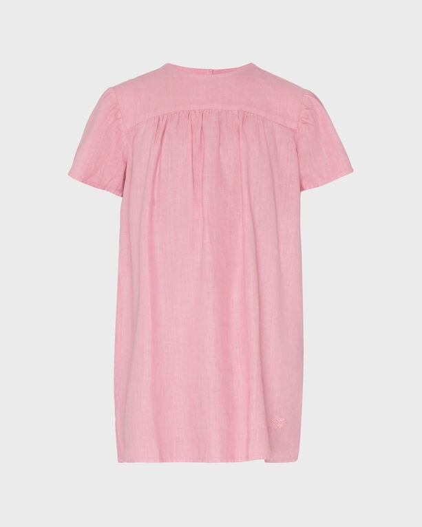 Girls' pink linen dress by Vilebrequin, featuring short sleeves, a relaxed fit, and a gathered back design, available in size 6.