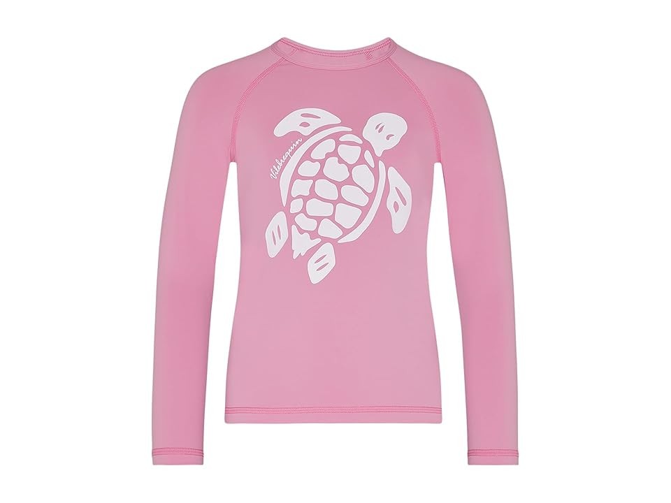 Pink long-sleeve rashguard for girls by Vilebrequin, featuring a white turtle graphic and made from stretchy, quick-drying material, size 4.