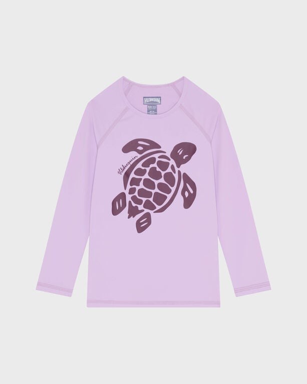 Purple long-sleeve rashguard for girls by Vilebrequin, featuring a brown turtle graphic on the front, made from lightweight, quick-drying material, size 12.