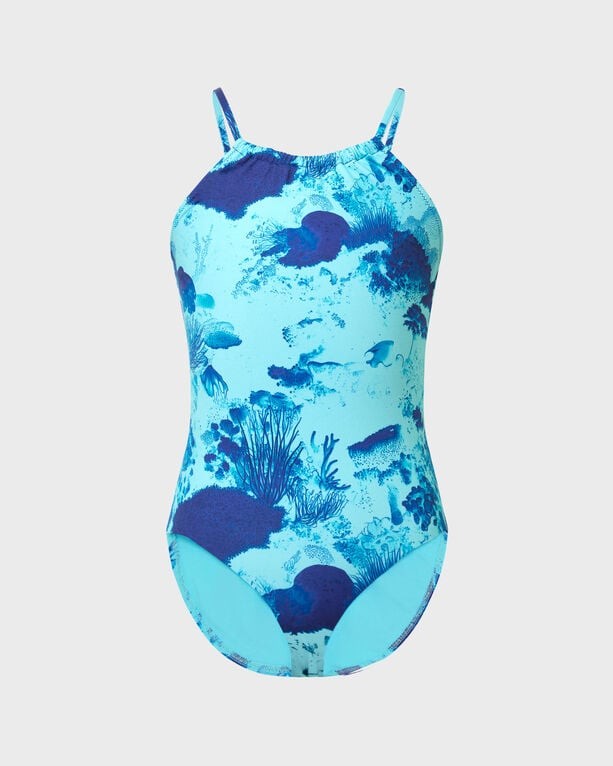 Girls' one-piece swimsuit in a vibrant coral reef print featuring shades of blue, with thin straps and a comfortable fit, made from lightweight swimwear material, size 8.