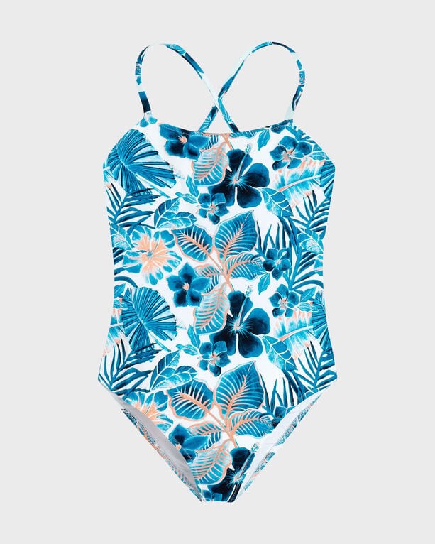 Girls' one-piece swimsuit in white with vibrant blue and pink island flower print, featuring thin straps and a comfortable fit, size 4 by Vilebrequin.