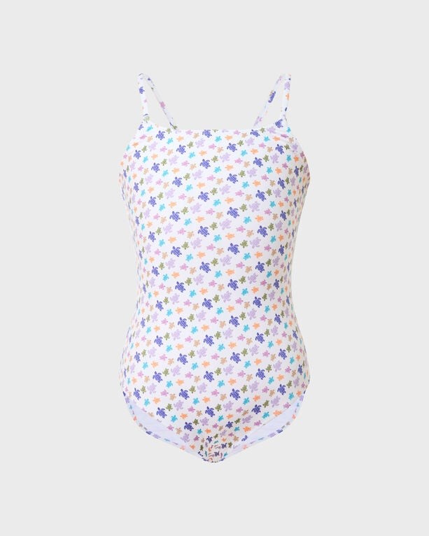 White one-piece swimsuit featuring a colorful turtle print in pink, blue, and yellow, with thin adjustable straps and a comfortable fit, designed for girls, size 12.