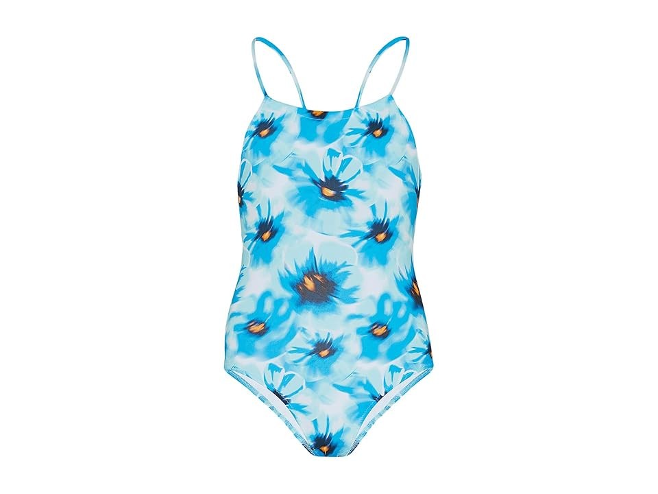 Blue one-piece swimsuit for girls by Vilebrequin featuring a vibrant poppy floral print, thin straps, and a comfortable fit, perfect for swimwear. Size 6.