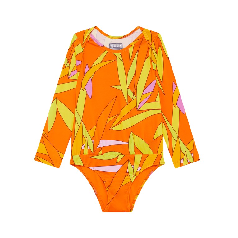 Bright orange one-piece swimsuit rashguard featuring a vibrant leaf pattern in green and pink, long sleeves, and a snug fit, made from quick-drying material, size 2.