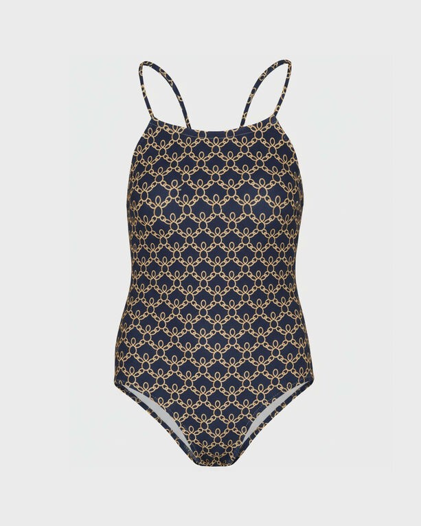 Girls' one-piece swimsuit in blue featuring a turtle chain pattern, thin shoulder straps, and a comfortable fit, designed by Vilebrequin in size 10.