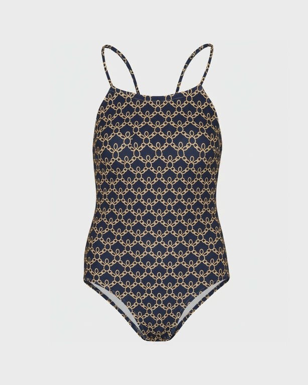 Blue one-piece girls' swimsuit by Vilebrequin featuring a turtle chain pattern, thin straps, and a sleek design, perfect for swimwear. Size 6.