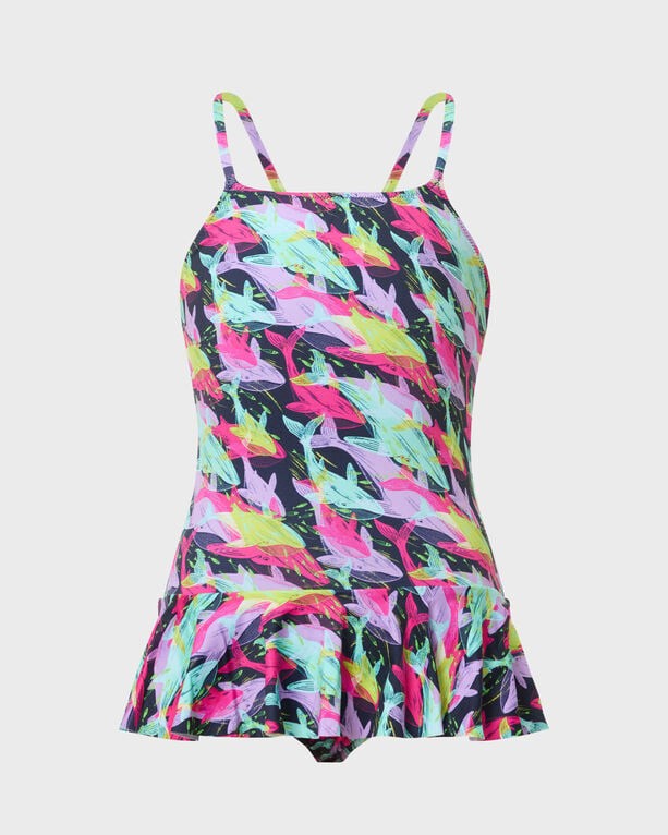 Girls' one-piece swimsuit by Vilebrequin featuring a vibrant whale print in blue, pink, and green, with thin straps and a flared skirt at the bottom, size 8.