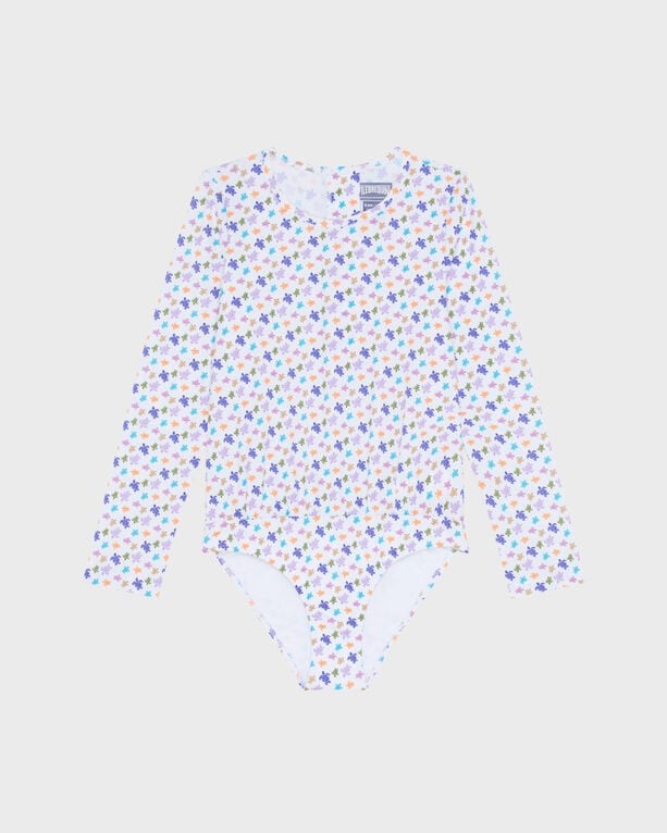 Girls' long-sleeve one-piece swimsuit in white with a colorful turtle print, featuring a zip closure and made from lightweight, quick-drying material, size 14.