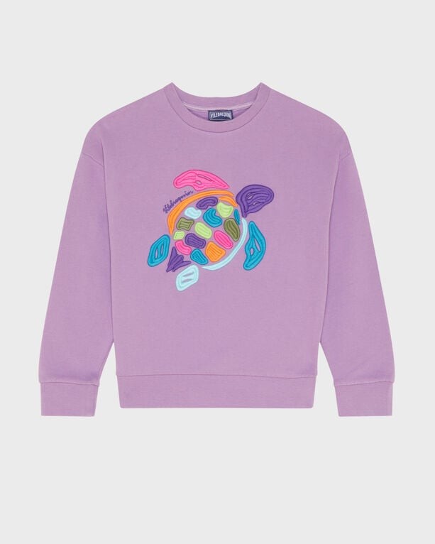Purple organic cotton crewneck sweater featuring a colorful turtle design with vibrant patterns, available in size 10 by Vilebrequin.