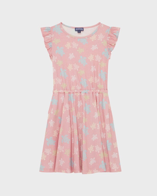 Pink organic cotton dress featuring a colorful turtle print, short ruffled sleeves, and an elastic waist, designed for girls in size 10 by Vilebrequin.
