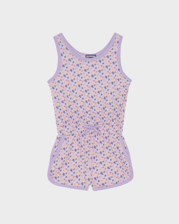 Purple organic cotton playsuit featuring a colorful floral pattern, sleeveless design, and an adjustable drawstring waist, suitable for girls in size 12.