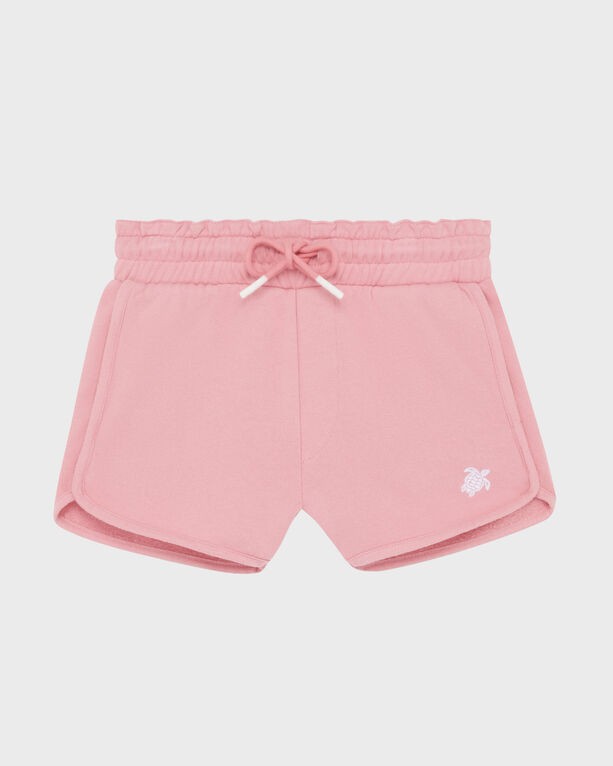 Pink organic cotton shorts for girls, featuring an embroidered turtle logo, elastic waistband with a drawstring, and a shorty cut, size 8.