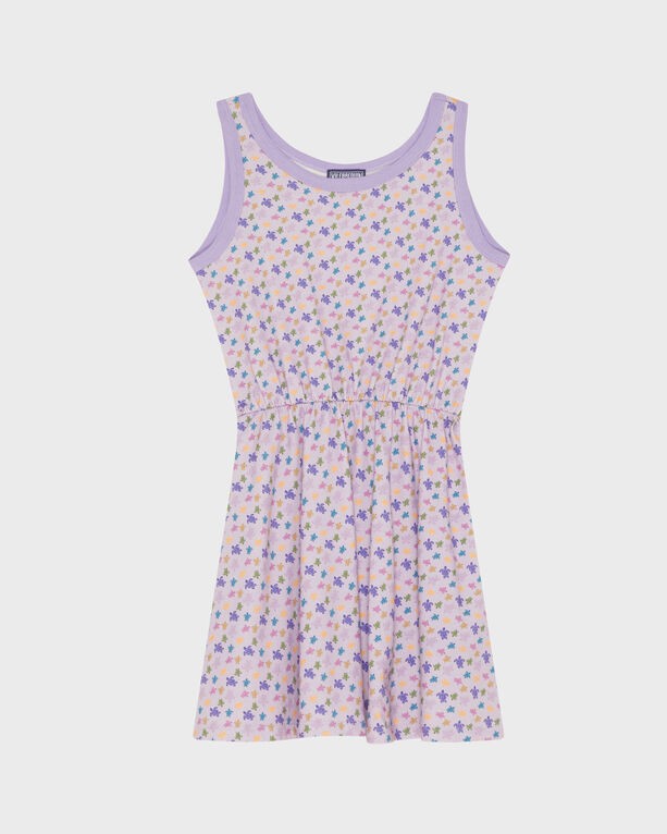 Purple organic cotton tank dress with a floral pattern in yellow, pink, and blue, featuring a fitted waist and a flared skirt, size 8 by Vilebrequin.