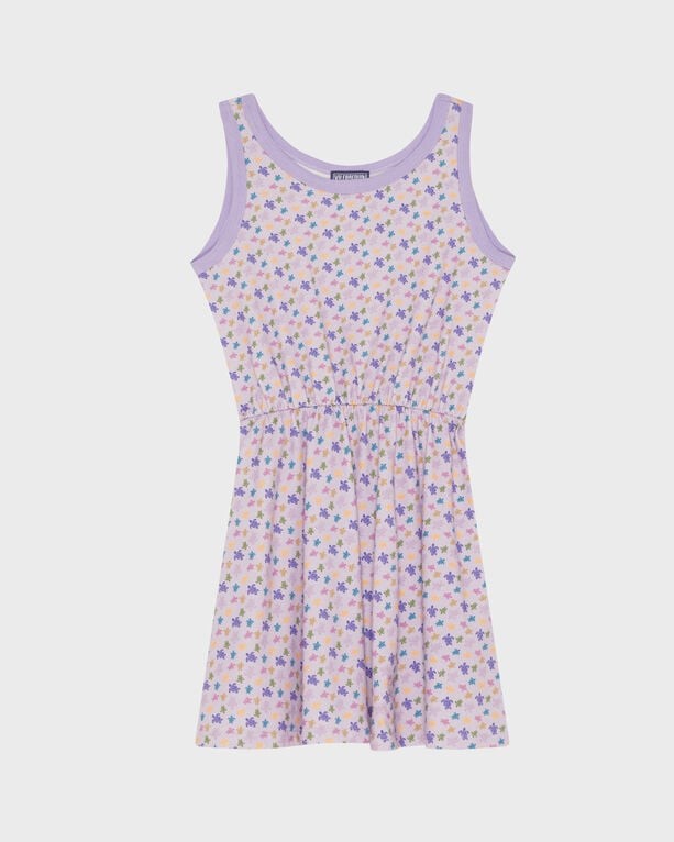 Purple tank dress for girls made from organic cotton, featuring a floral pattern in pastel colors and an elastic waist for a comfortable fit, size 2.