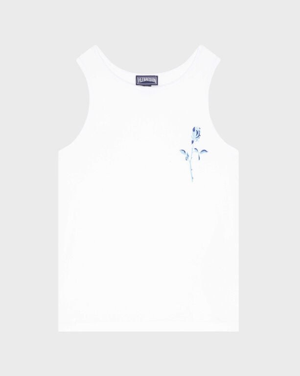 White organic cotton tank top featuring a delicate blue rose design on the left chest, labeled "Vilebrequin," in size 6.