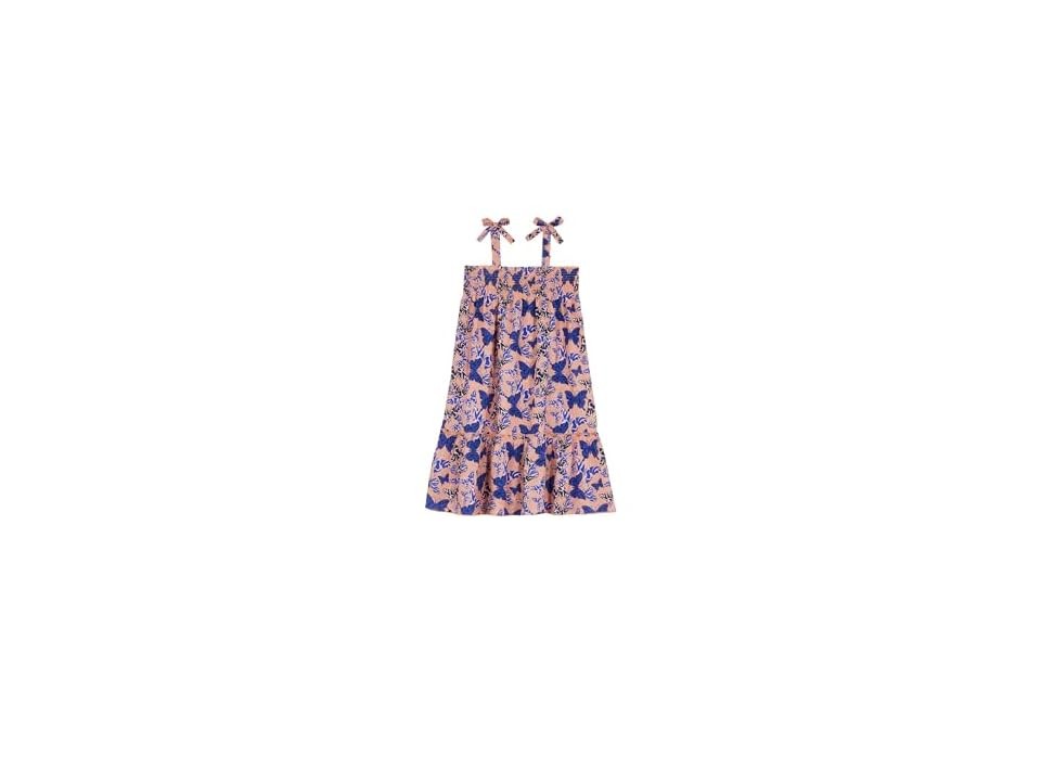 Girls' pink organic cotton voile dress by Vilebrequin, featuring a vibrant butterfly print, adjustable tie straps, and a flared silhouette, size 14.