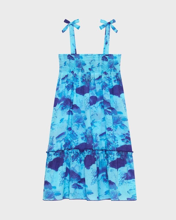 Girls' blue organic cotton voile dress featuring a coral reef print, smocked bodice, and adjustable tie straps, designed by Vilebrequin, size 12.
